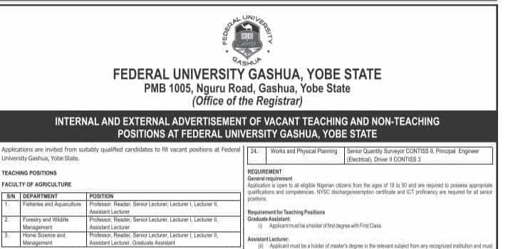 FUGashua Announces Massive Recruitment Into Teaching, Non-teaching Positions